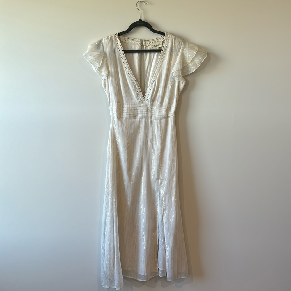 Cleobella white and gold striped midi dress